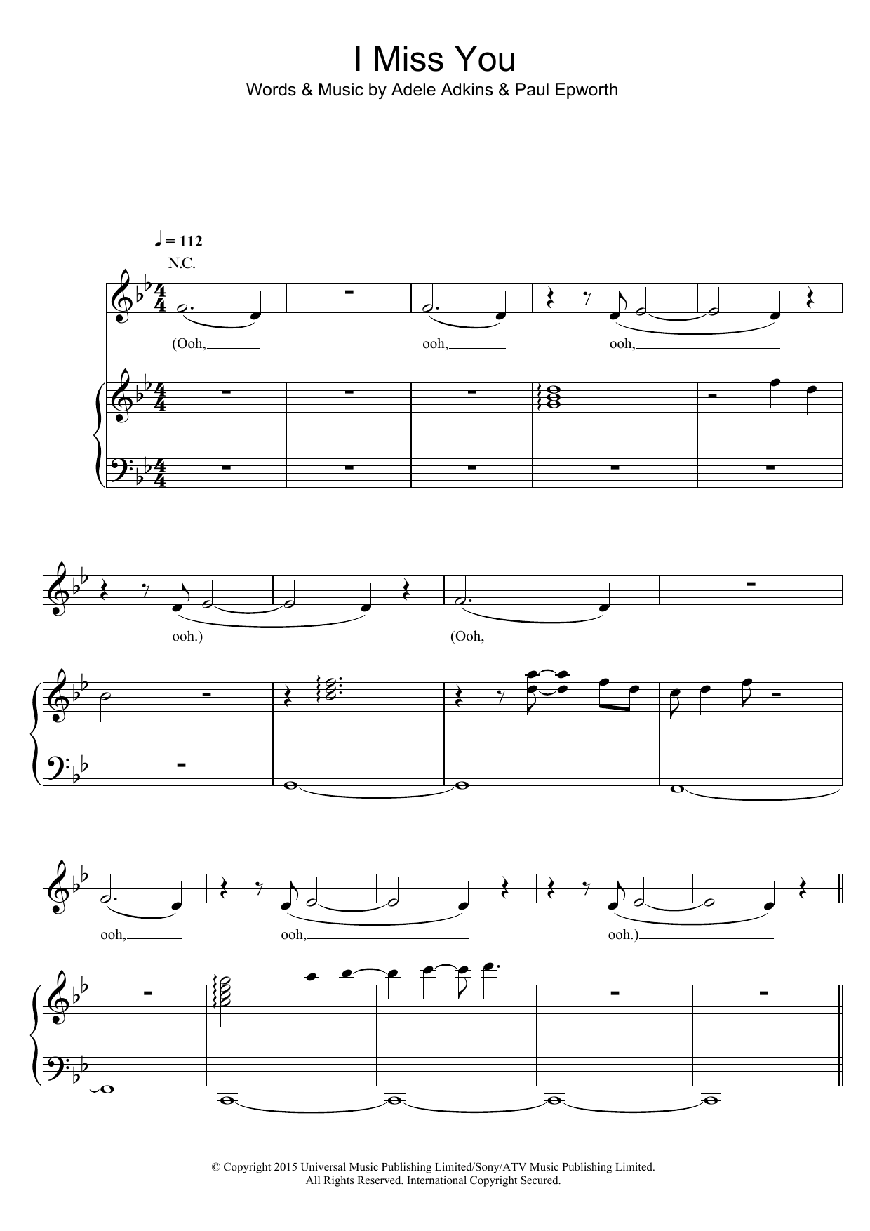 Adele I Miss You sheet music notes and chords arranged for Piano, Vocal & Guitar Chords (Right-Hand Melody)