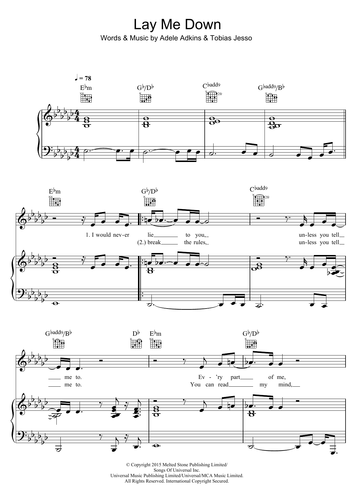 Adele Lay Me Down sheet music notes and chords arranged for Piano, Vocal & Guitar Chords
