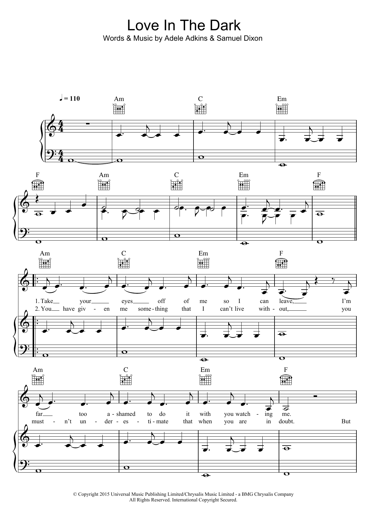 Adele Love In The Dark sheet music notes and chords arranged for Piano, Vocal & Guitar Chords (Right-Hand Melody)