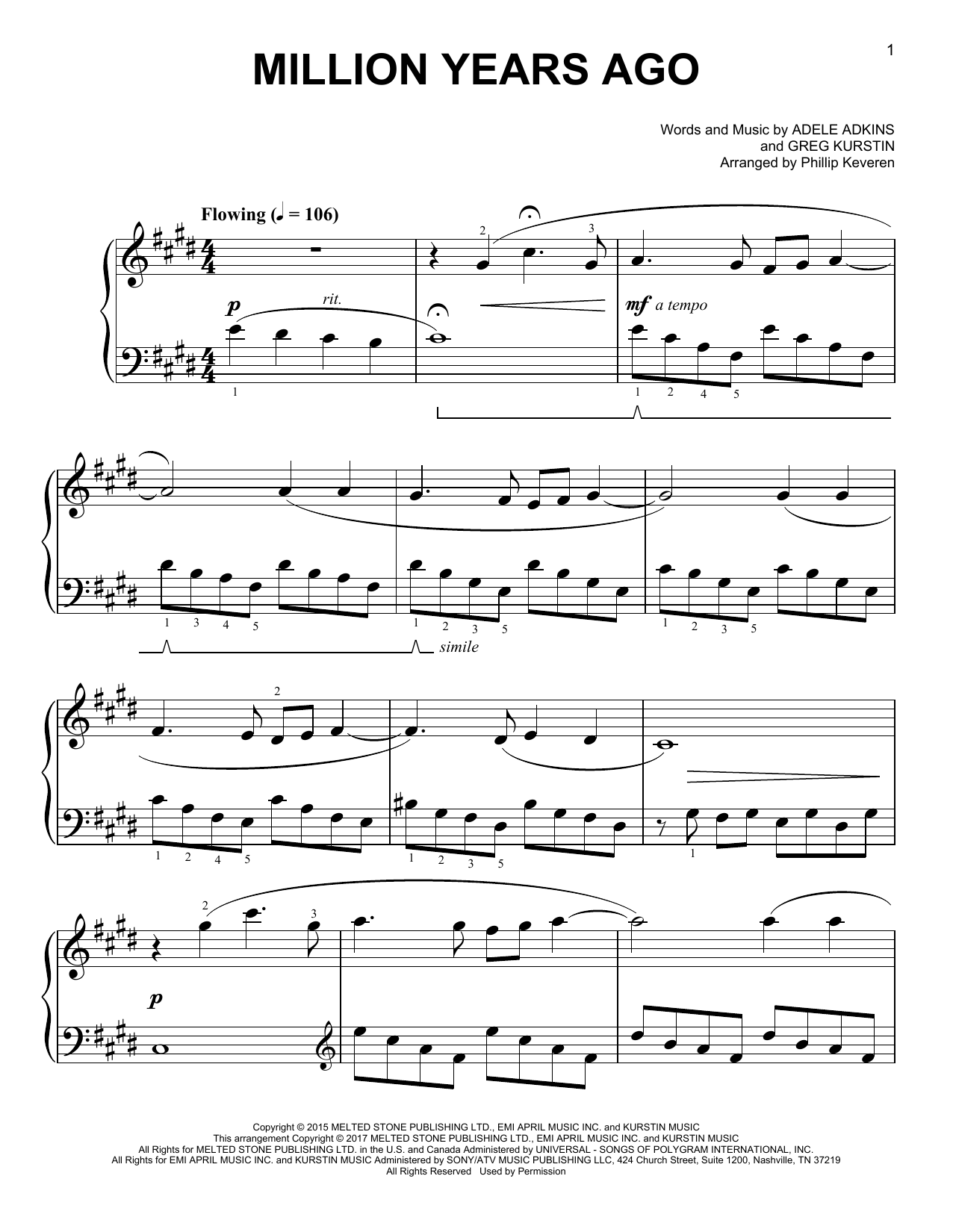 Adele Million Years Ago [Classical version] (arr. Phillip Keveren) sheet music notes and chords arranged for Easy Piano