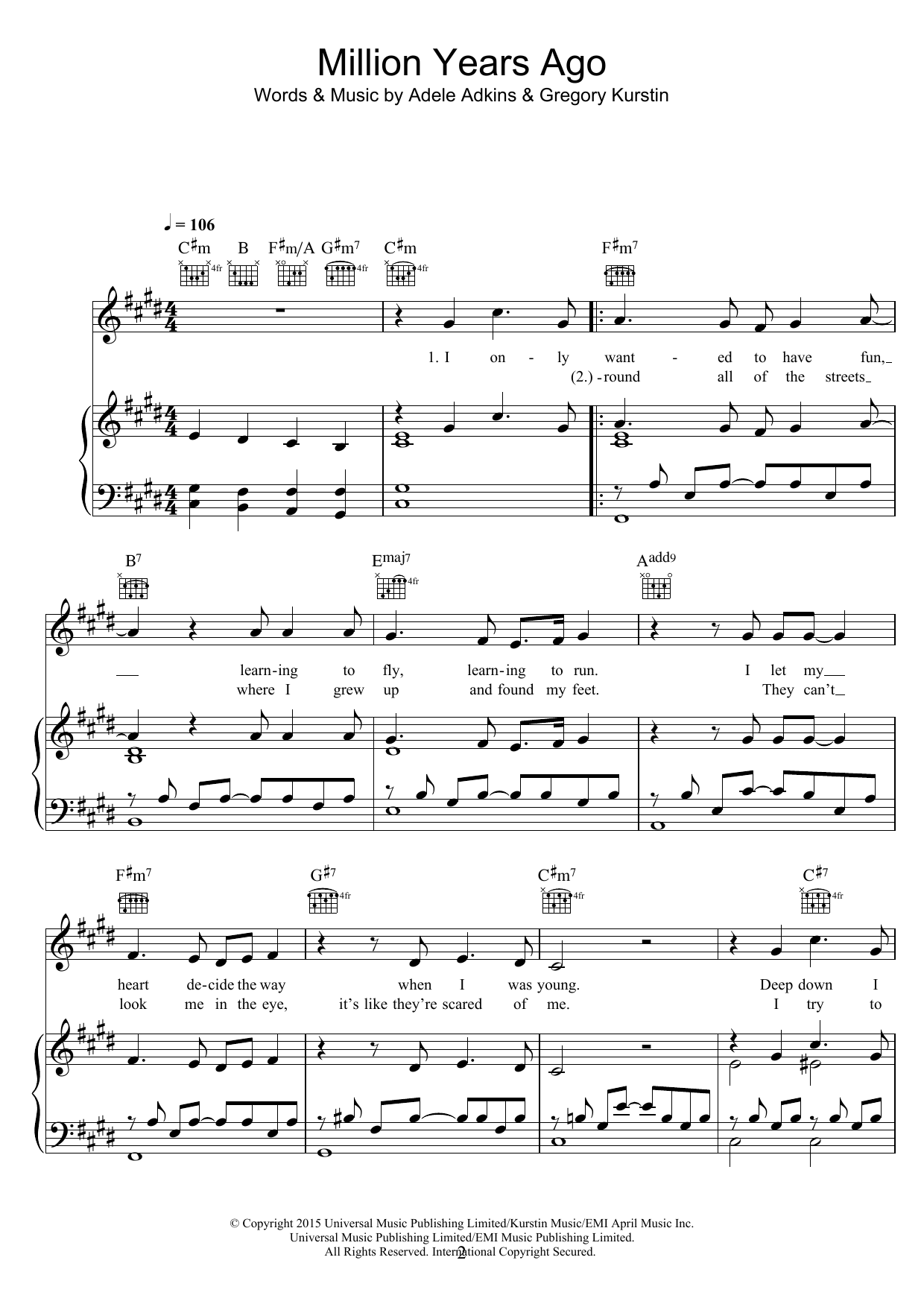 Adele Million Years Ago sheet music notes and chords arranged for Easy Piano