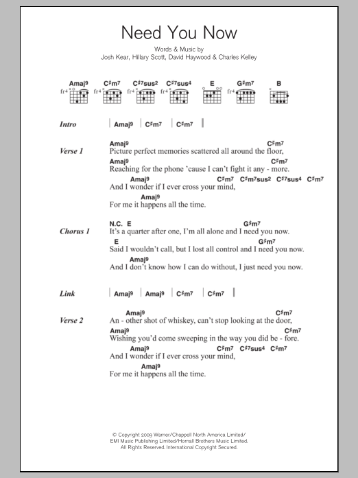 Adele Need You Now sheet music notes and chords arranged for Piano, Vocal & Guitar Chords