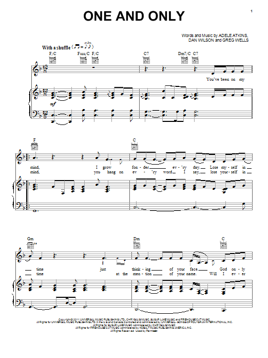 Adele One And Only sheet music notes and chords arranged for Piano, Vocal & Guitar Chords