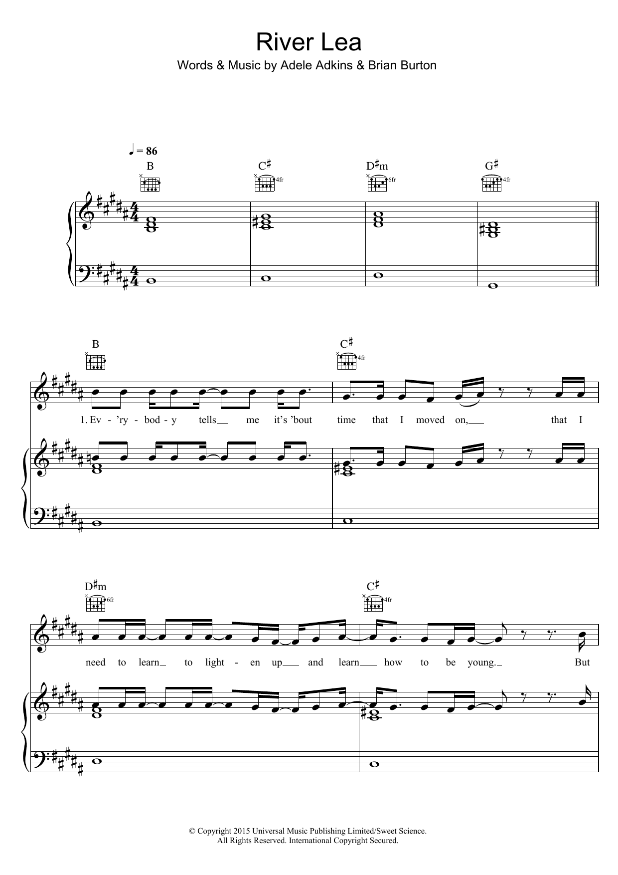 Adele River Lea sheet music notes and chords arranged for Piano, Vocal & Guitar Chords (Right-Hand Melody)