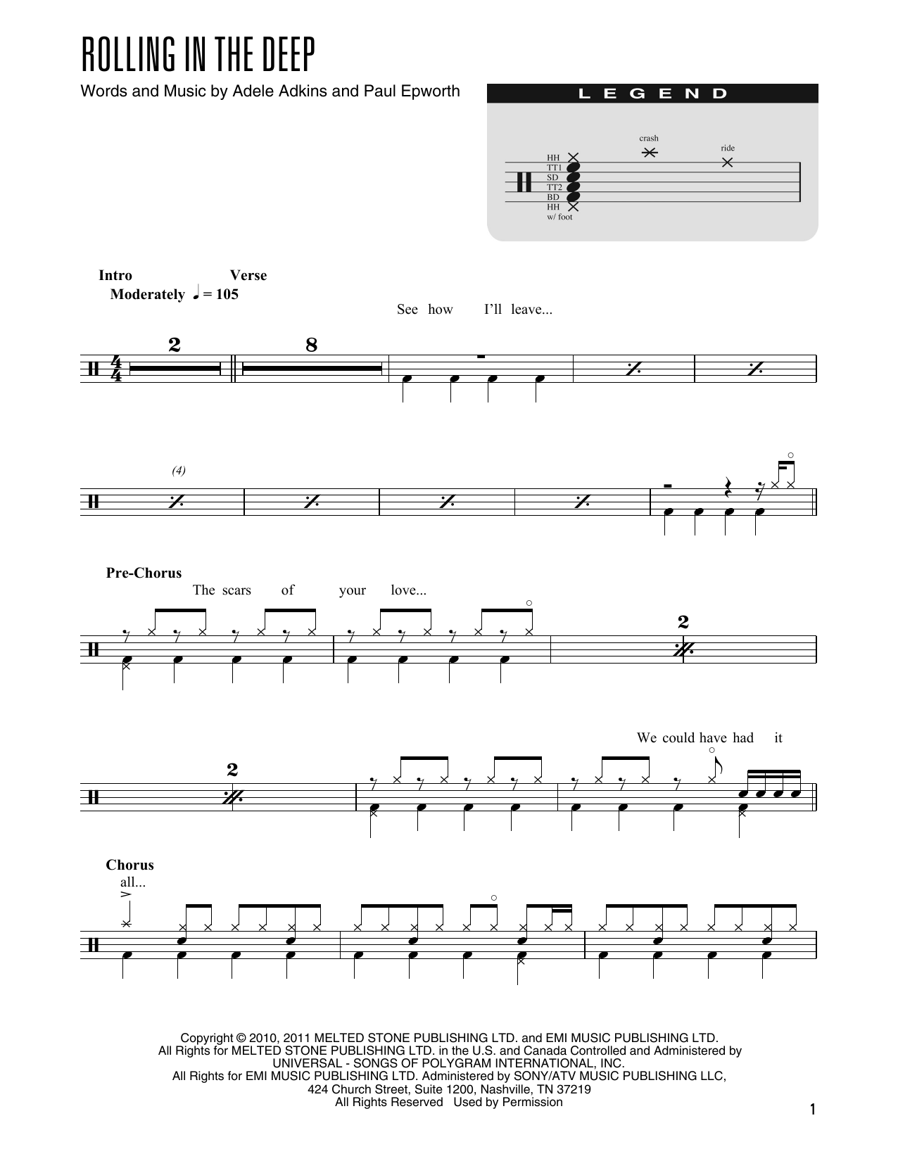 Adele Rolling In The Deep (arr. Kennan Wylie) sheet music notes and chords arranged for Drum Chart