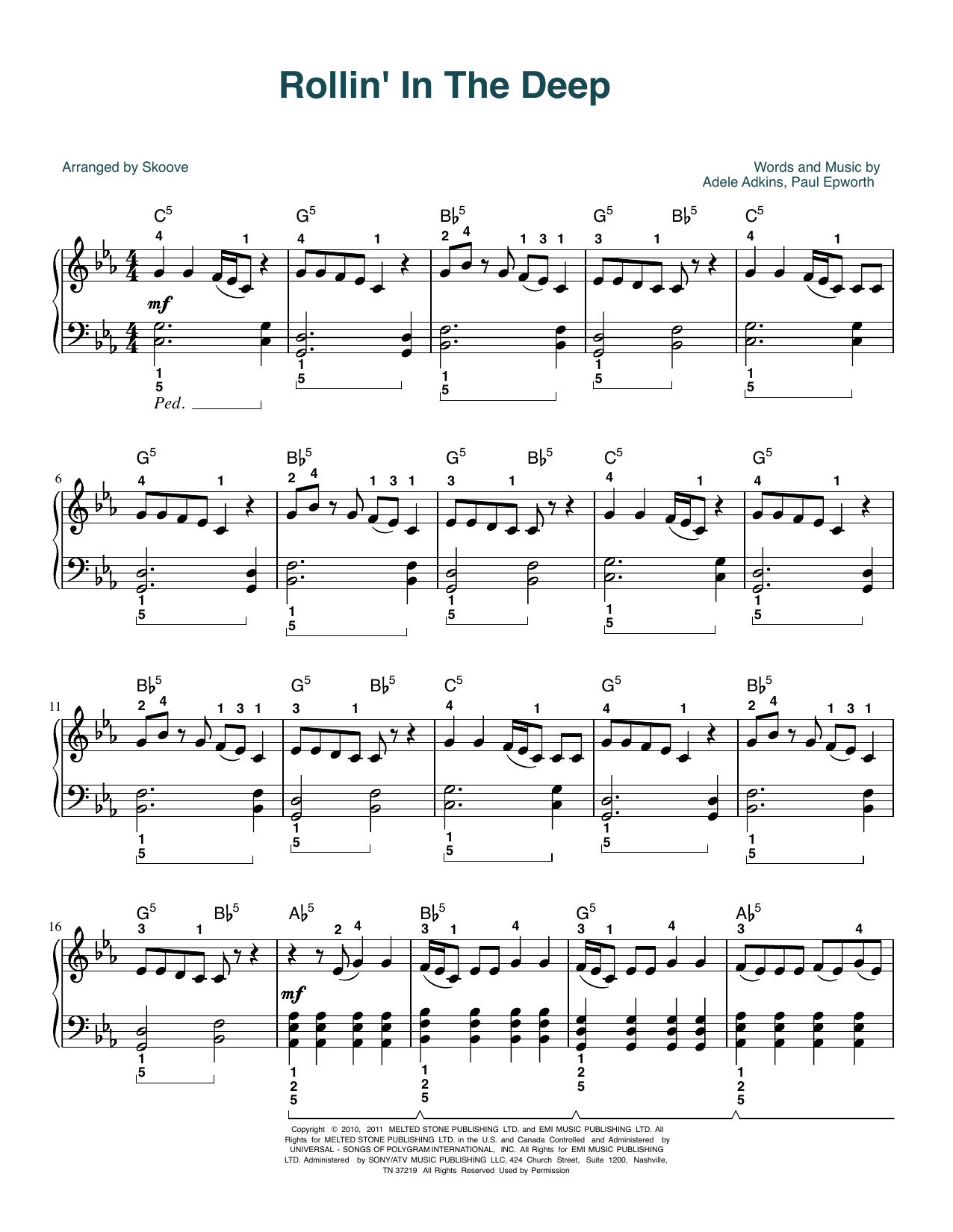 Adele Rolling In The Deep (arr. Skoove) sheet music notes and chords arranged for Piano Solo