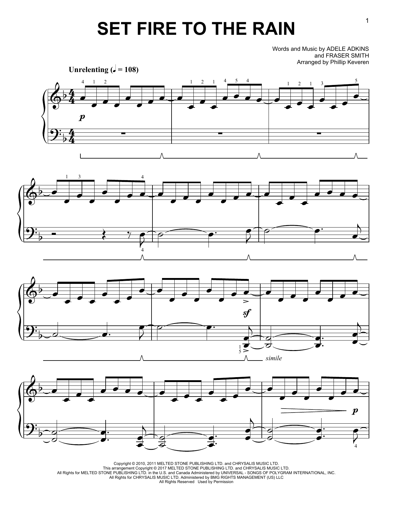 Adele Set Fire To The Rain [Classical version] (arr. Phillip Keveren) sheet music notes and chords arranged for Easy Piano