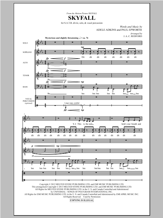 Adele Skyfall (arr. J.A.C. Redford) sheet music notes and chords arranged for SATB Choir