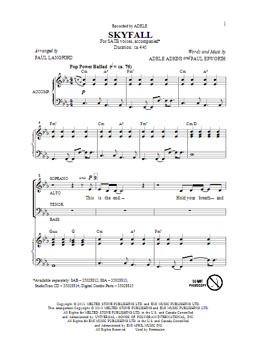 Adele Skyfall (arr. Paul Langford) sheet music notes and chords arranged for SATB Choir