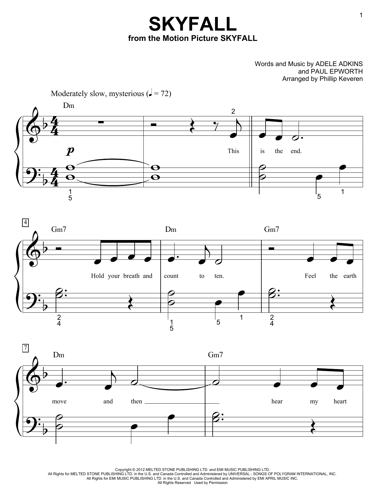 Adele Skyfall (arr. Phillip Keveren) sheet music notes and chords arranged for Big Note Piano