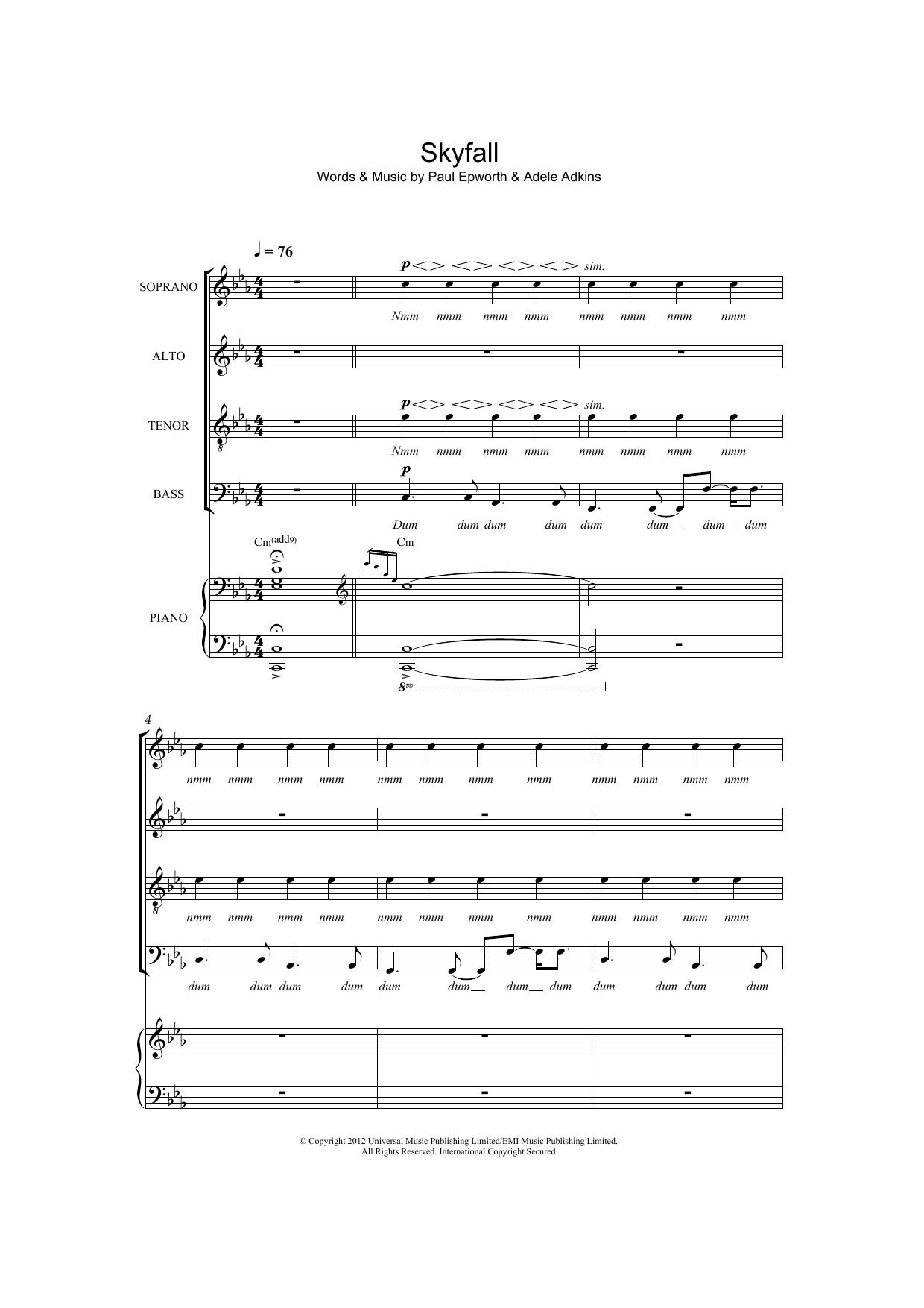 Adele Skyfall (arr. Thomas Lydon) sheet music notes and chords arranged for SATB Choir