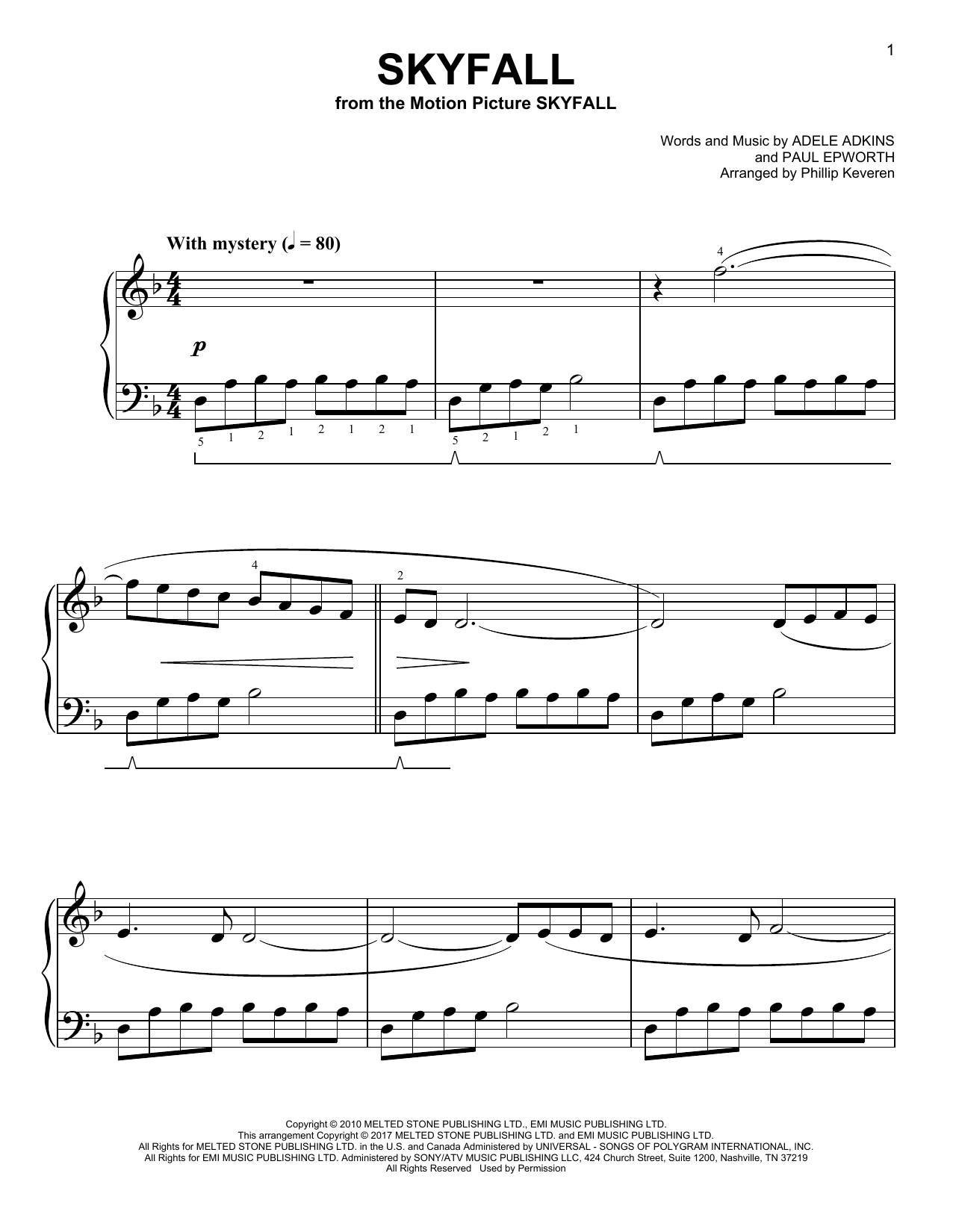Adele Skyfall [Classical version] (arr. Phillip Keveren) sheet music notes and chords arranged for Easy Piano