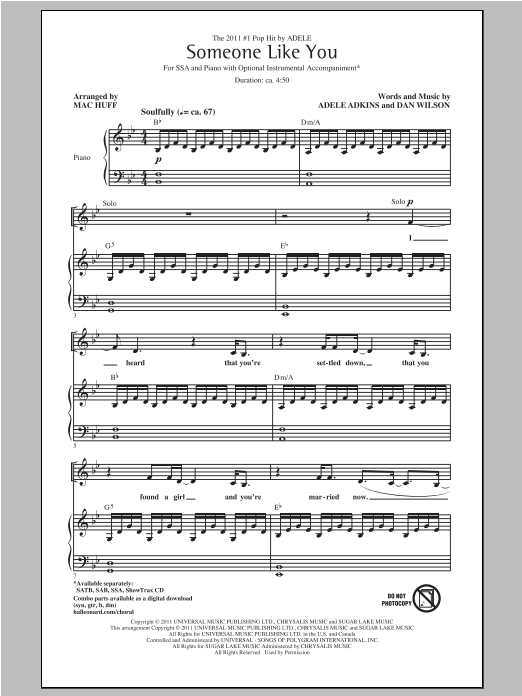 Adele Someone Like You (arr. Mac Huff) sheet music notes and chords arranged for SAB Choir