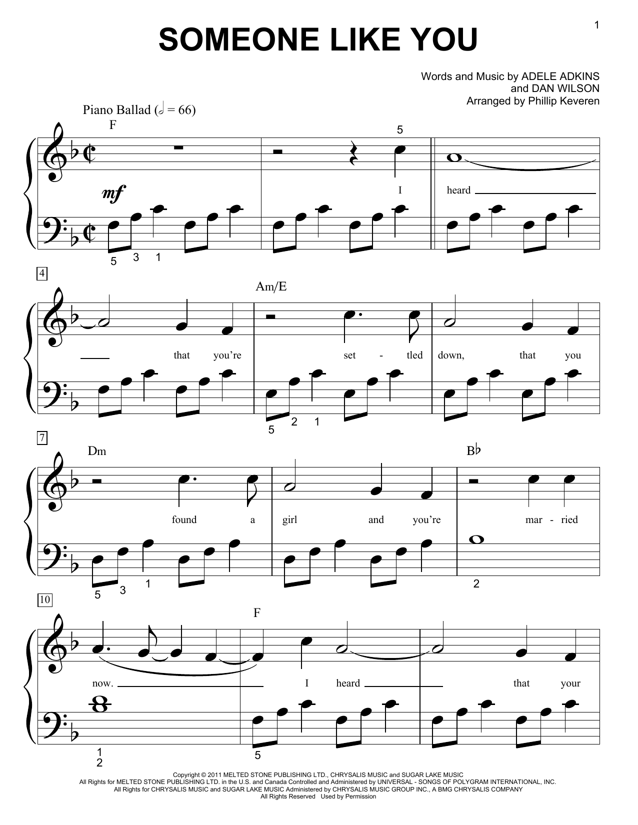 Adele Someone Like You (arr. Phillip Keveren) sheet music notes and chords arranged for Big Note Piano