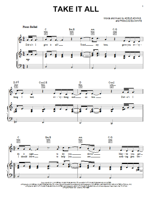 Adele Take It All sheet music notes and chords arranged for Easy Piano