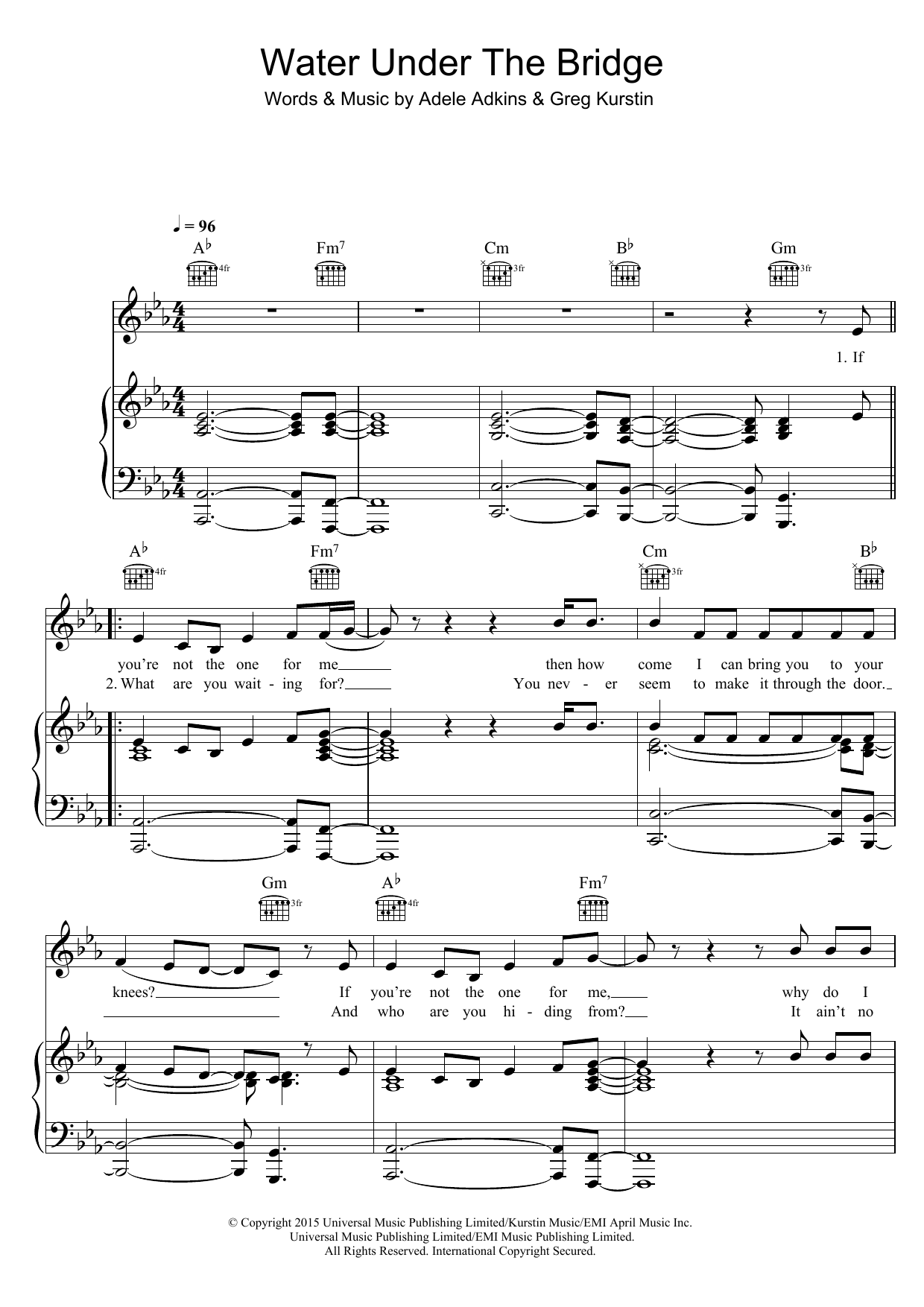 Adele Water Under The Bridge sheet music notes and chords arranged for Piano, Vocal & Guitar Chords