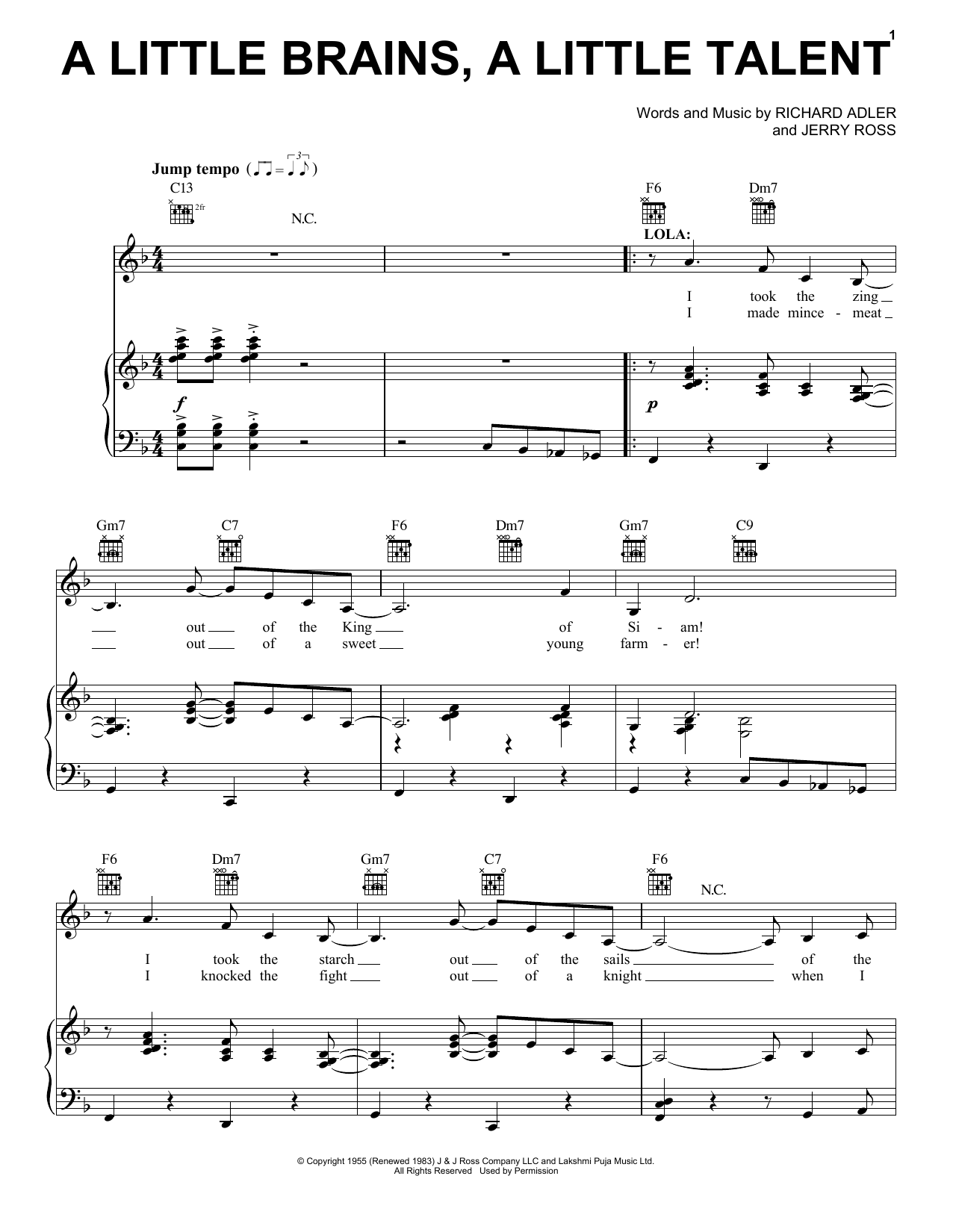 Adler & Ross A Little Brains, A Little Talent (from Damn Yankees) sheet music notes and chords arranged for Piano & Vocal