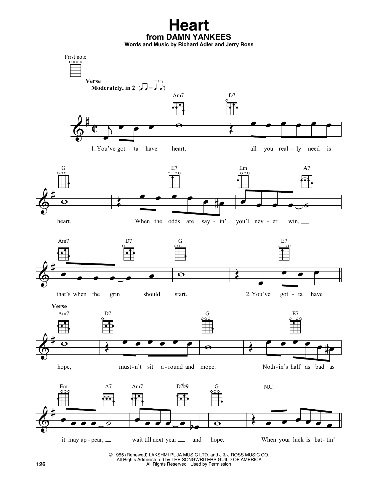 Adler & Ross Heart (from Damn Yankees) sheet music notes and chords arranged for Baritone Ukulele
