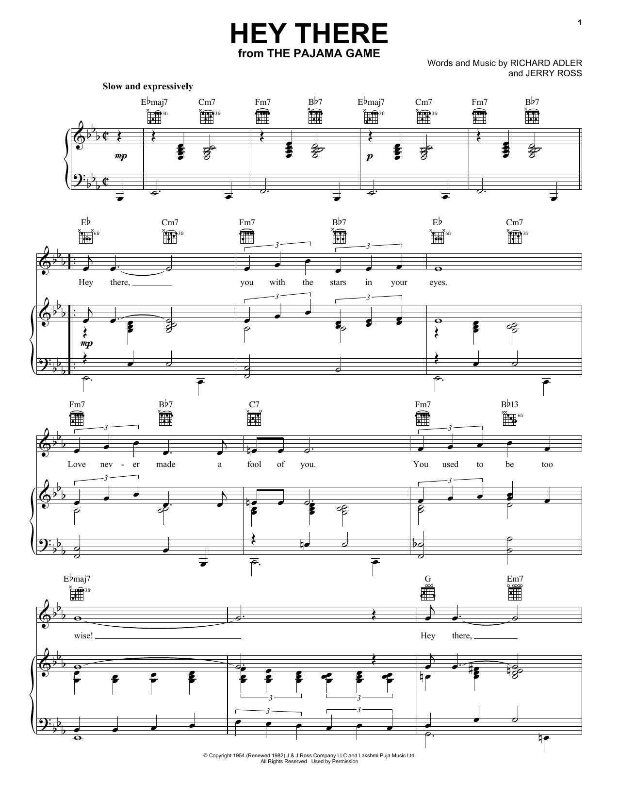 Adler & Ross Hey There sheet music notes and chords arranged for Piano, Vocal & Guitar Chords (Right-Hand Melody)