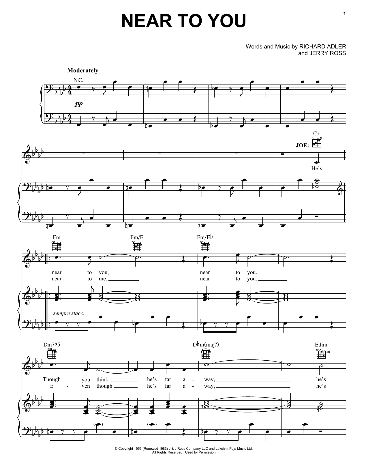 Adler & Ross Near To You sheet music notes and chords arranged for Piano, Vocal & Guitar Chords (Right-Hand Melody)
