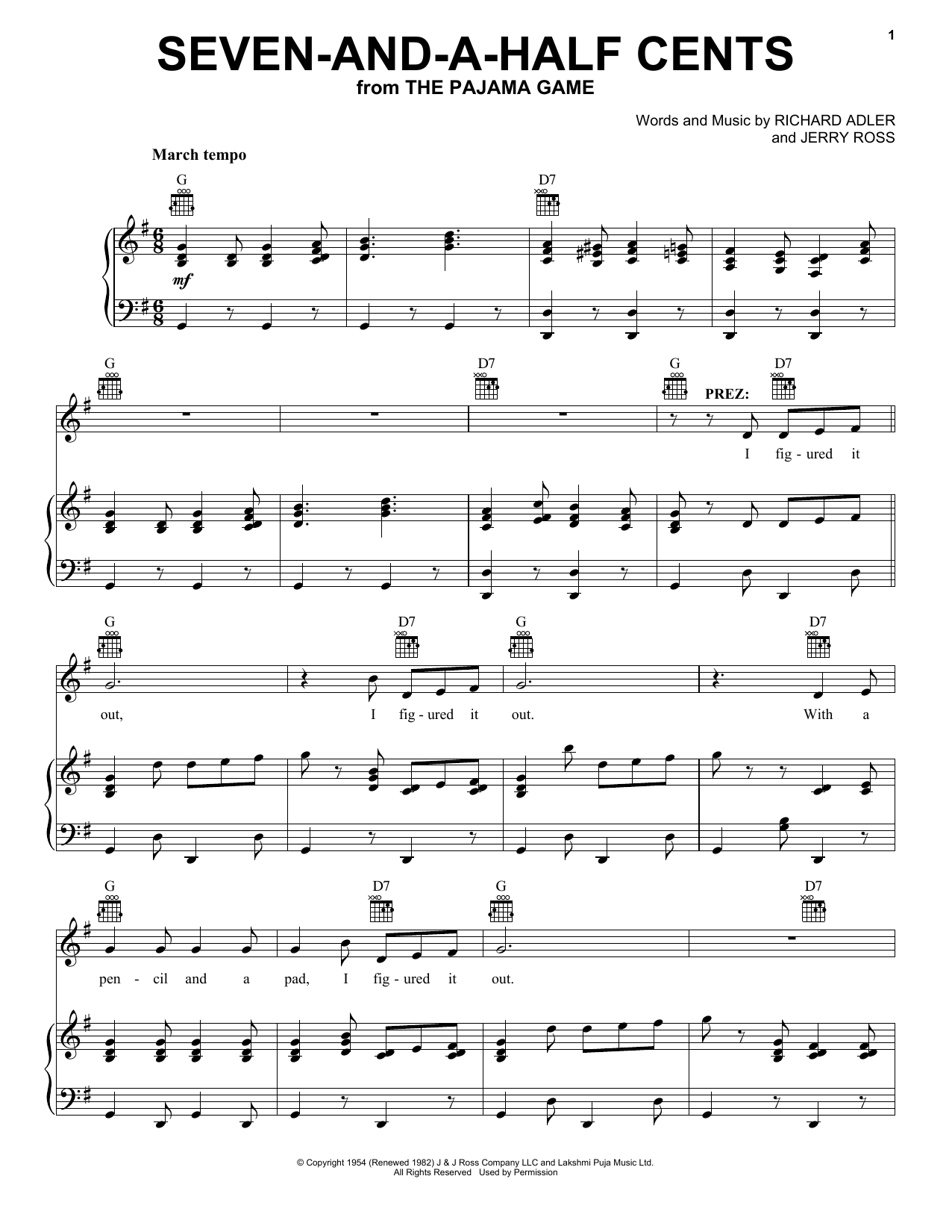 Adler & Ross Seven-And-A-Half Cents sheet music notes and chords arranged for Piano, Vocal & Guitar Chords (Right-Hand Melody)