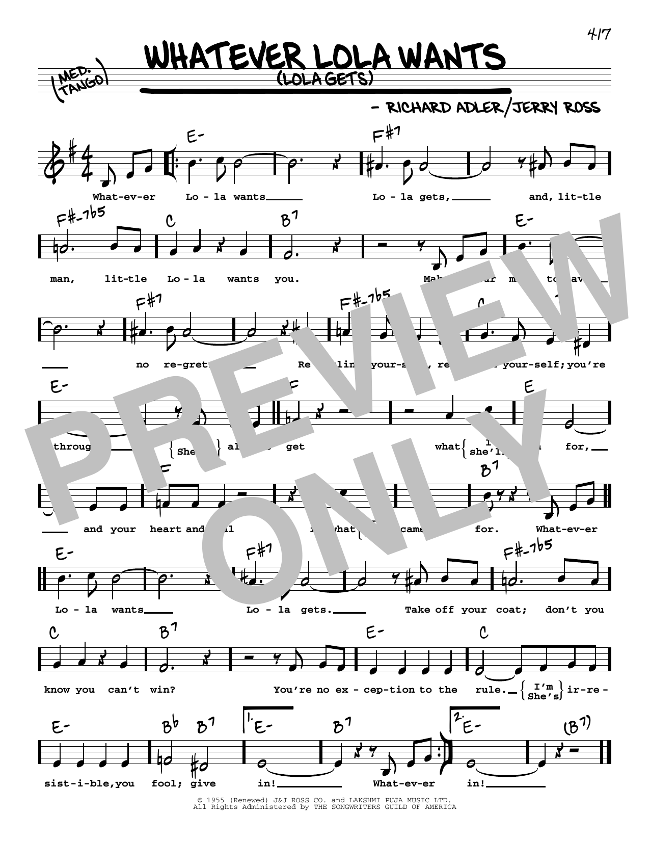 Adler & Ross Whatever Lola Wants (Lola Gets) (High Voice) sheet music notes and chords arranged for Real Book – Melody, Lyrics & Chords