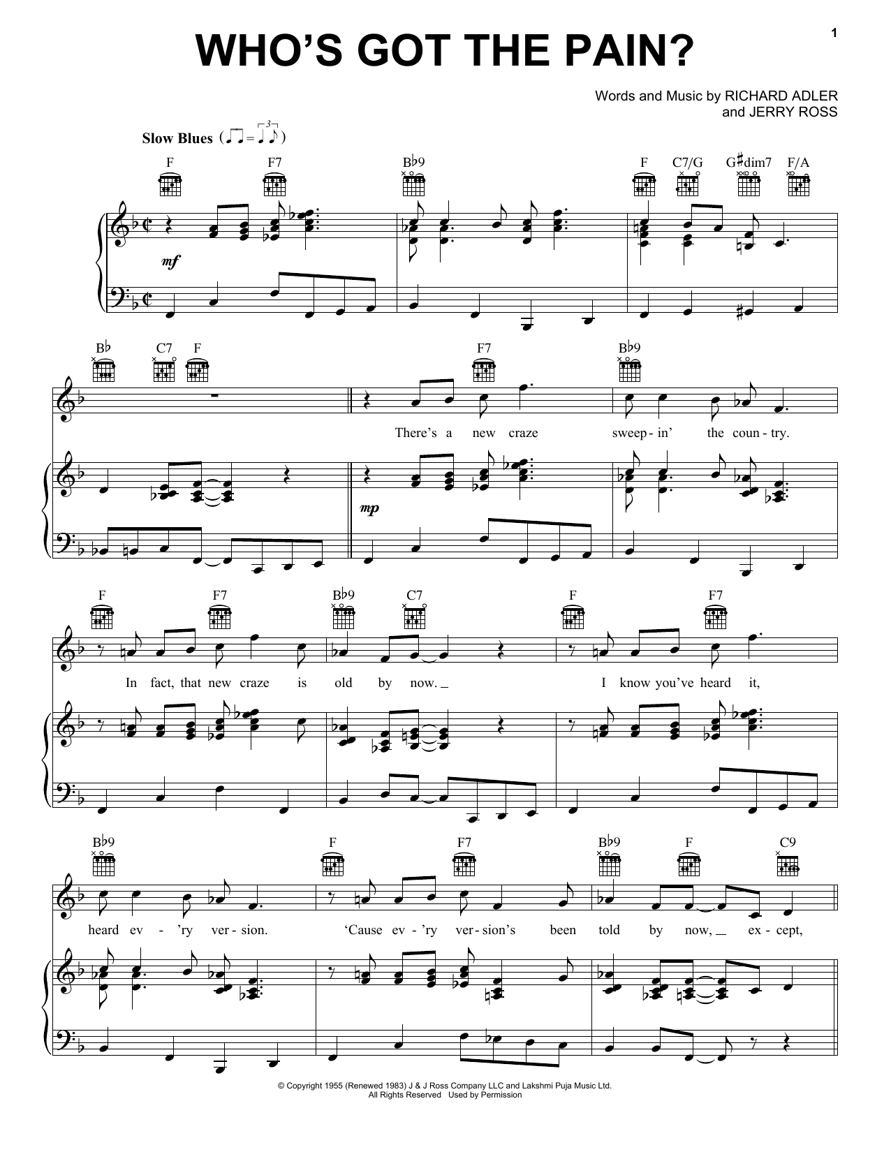 Adler & Ross Who's Got The Pain? sheet music notes and chords arranged for Piano, Vocal & Guitar Chords (Right-Hand Melody)