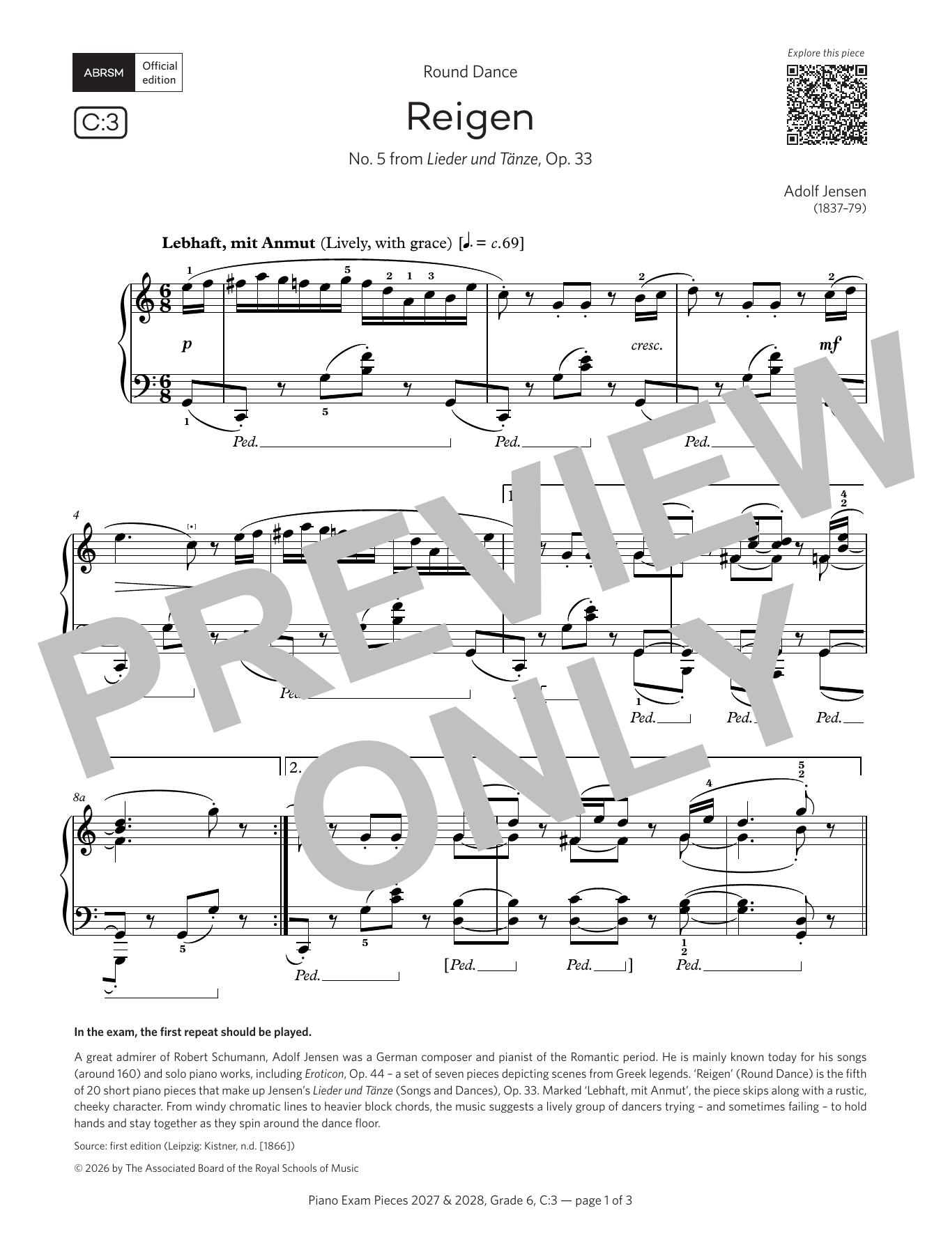 Adolf Jensen Reigen (Grade 6, list C3, from the ABRSM Piano Syllabus 2027 & 2028) sheet music notes and chords arranged for Piano Solo