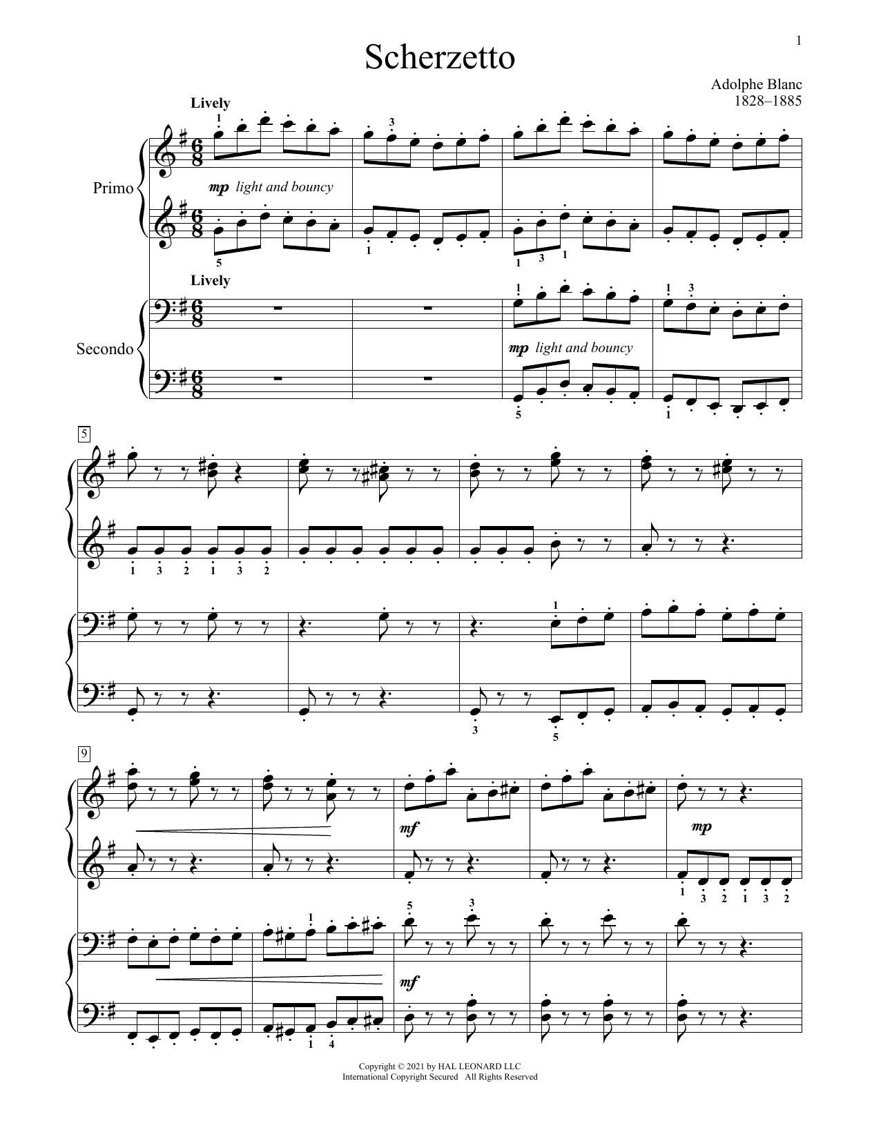 Adolphe Blanc Scherzetto sheet music notes and chords arranged for Piano Duet