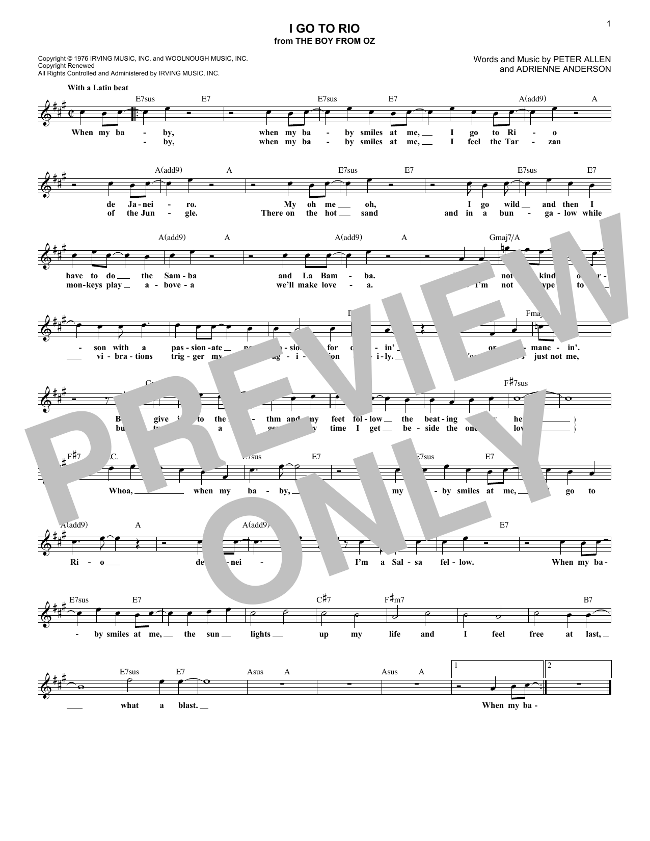 Adrienne Anderson I Go To Rio (from The Boy From Oz) sheet music notes and chords arranged for Lead Sheet / Fake Book