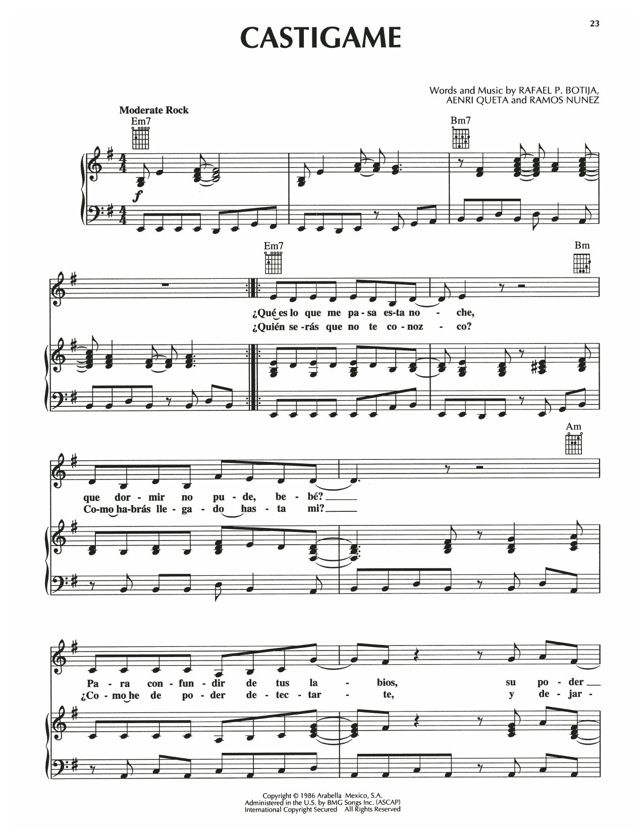 Aenri Queta Castigame sheet music notes and chords arranged for Piano, Vocal & Guitar Chords (Right-Hand Melody)