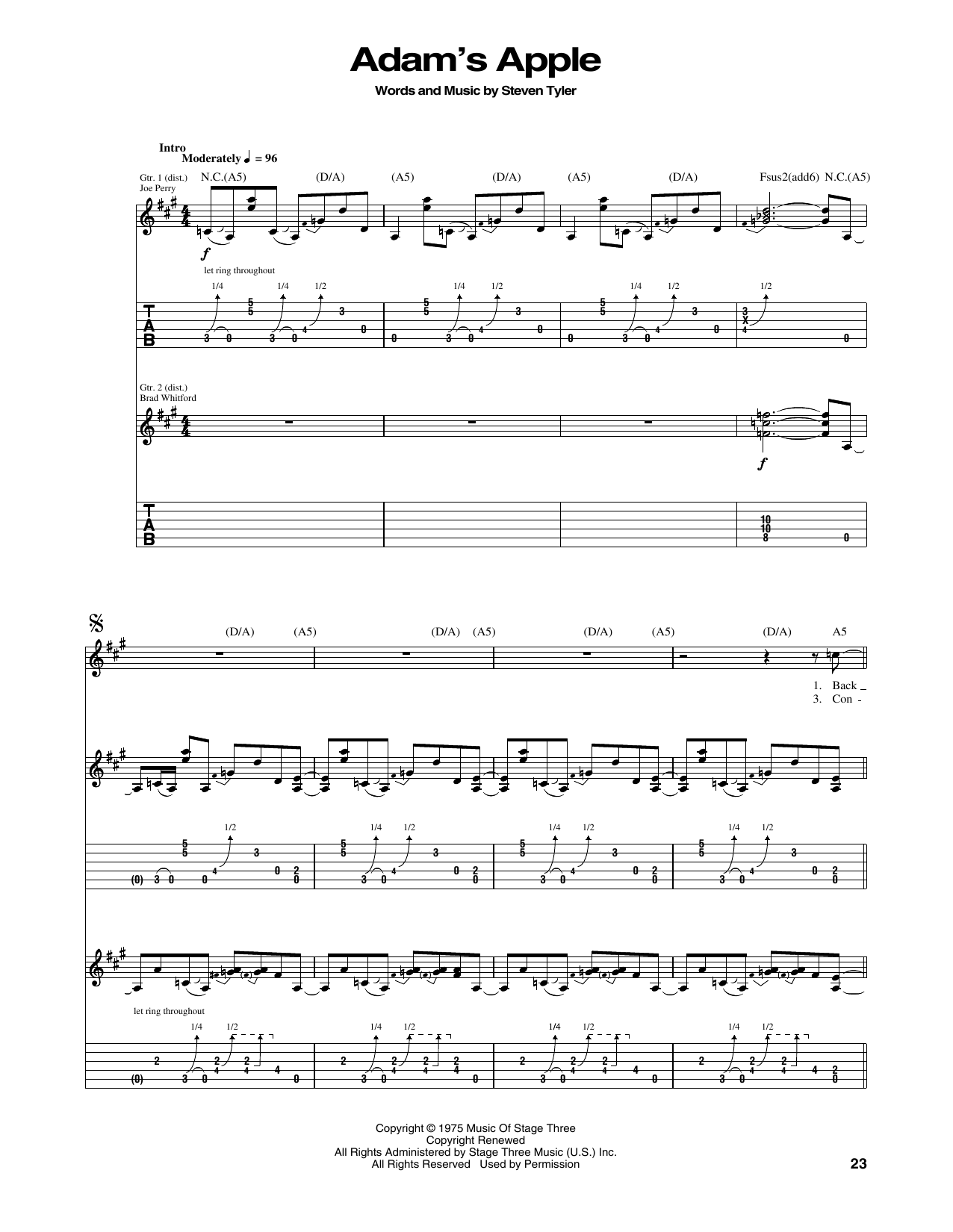 Aerosmith Adam's Apple sheet music notes and chords arranged for Guitar Tab