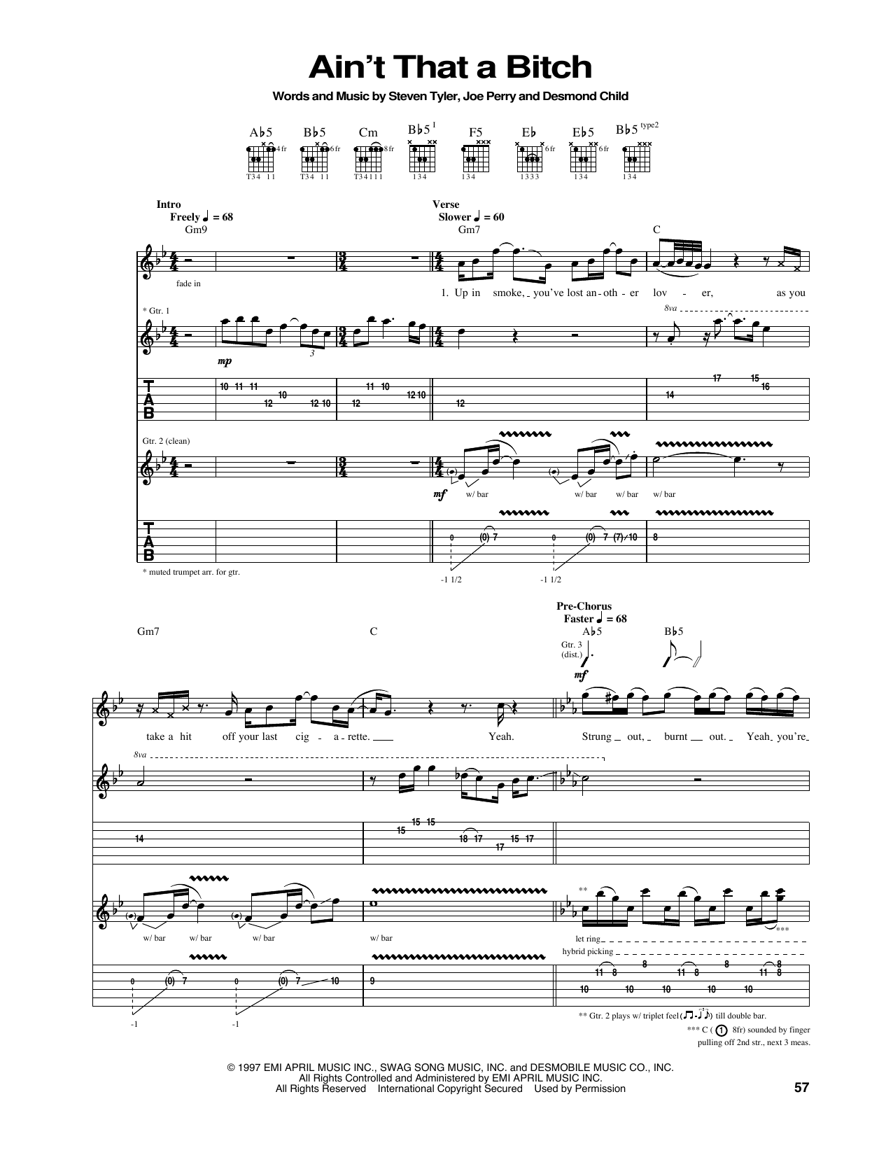 Aerosmith Ain't That A Bitch sheet music notes and chords arranged for Guitar Tab
