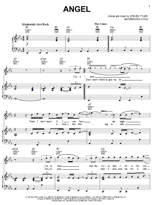 Aerosmith Angel sheet music notes and chords arranged for Piano, Vocal & Guitar Chords (Right-Hand Melody)