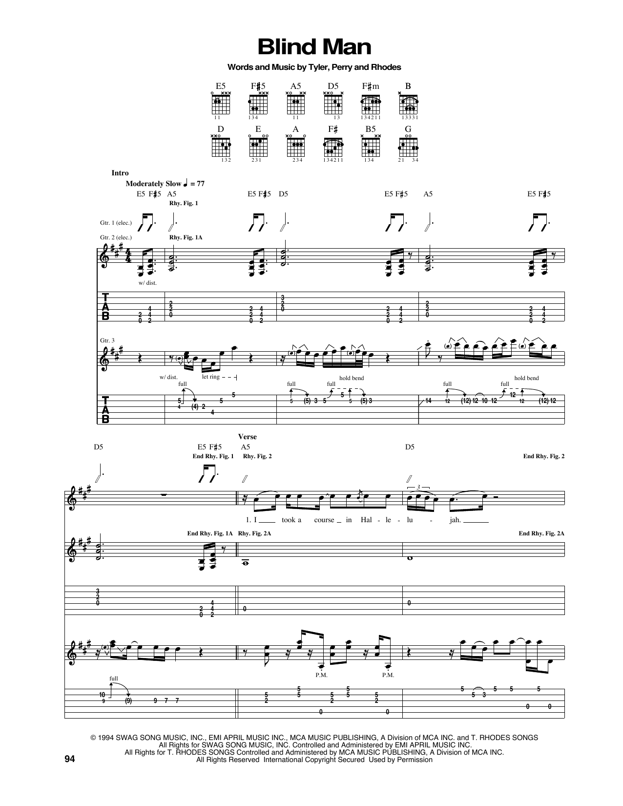 Aerosmith Blind Man sheet music notes and chords arranged for Guitar Tab