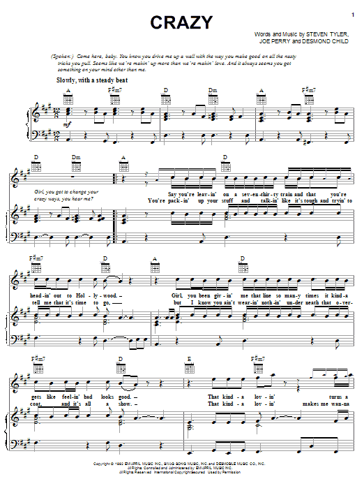 Aerosmith Crazy sheet music notes and chords arranged for Piano, Vocal & Guitar Chords (Right-Hand Melody)