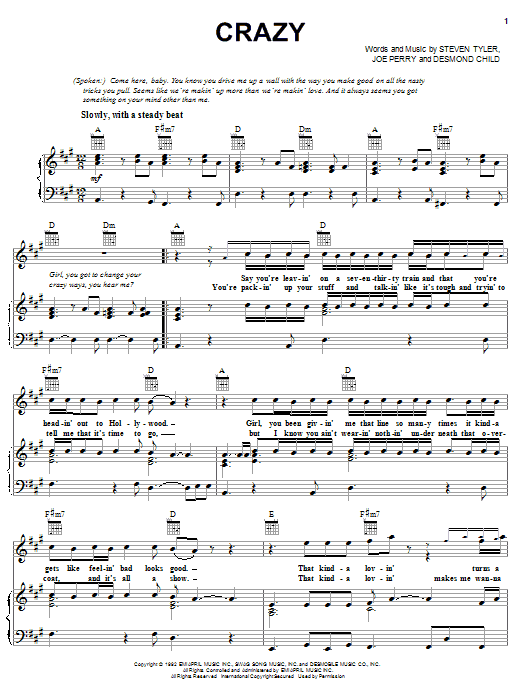 Aerosmith Crazy sheet music notes and chords arranged for Guitar Tab