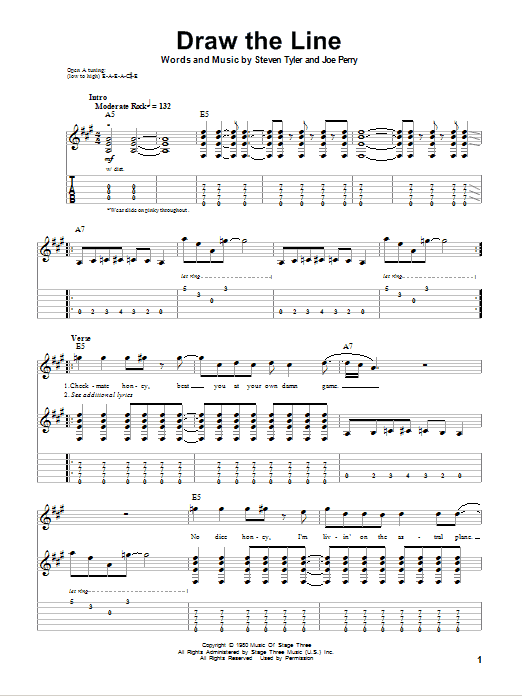 Aerosmith Draw The Line sheet music notes and chords arranged for Guitar Tab (Single Guitar)