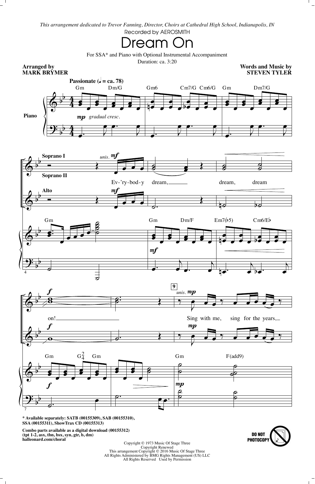 Aerosmith Dream On (arr. Mark Brymer) sheet music notes and chords arranged for SSA Choir
