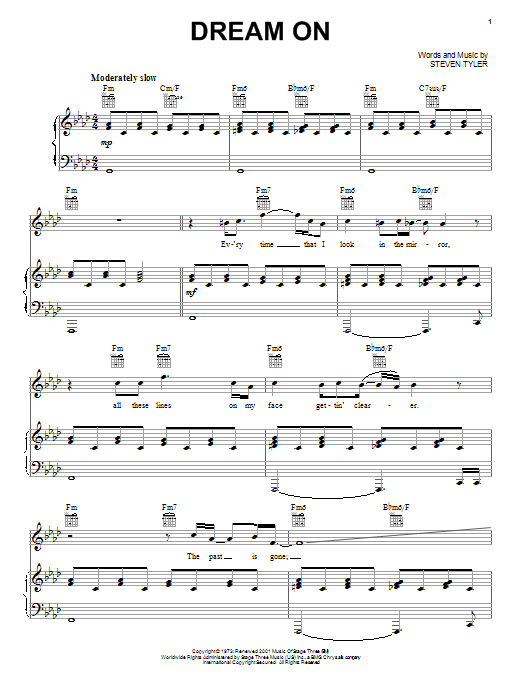 Aerosmith Dream On sheet music notes and chords arranged for Very Easy Piano