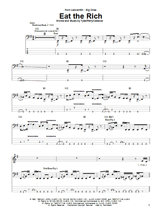 Aerosmith Eat The Rich sheet music notes and chords arranged for Bass Guitar Tab
