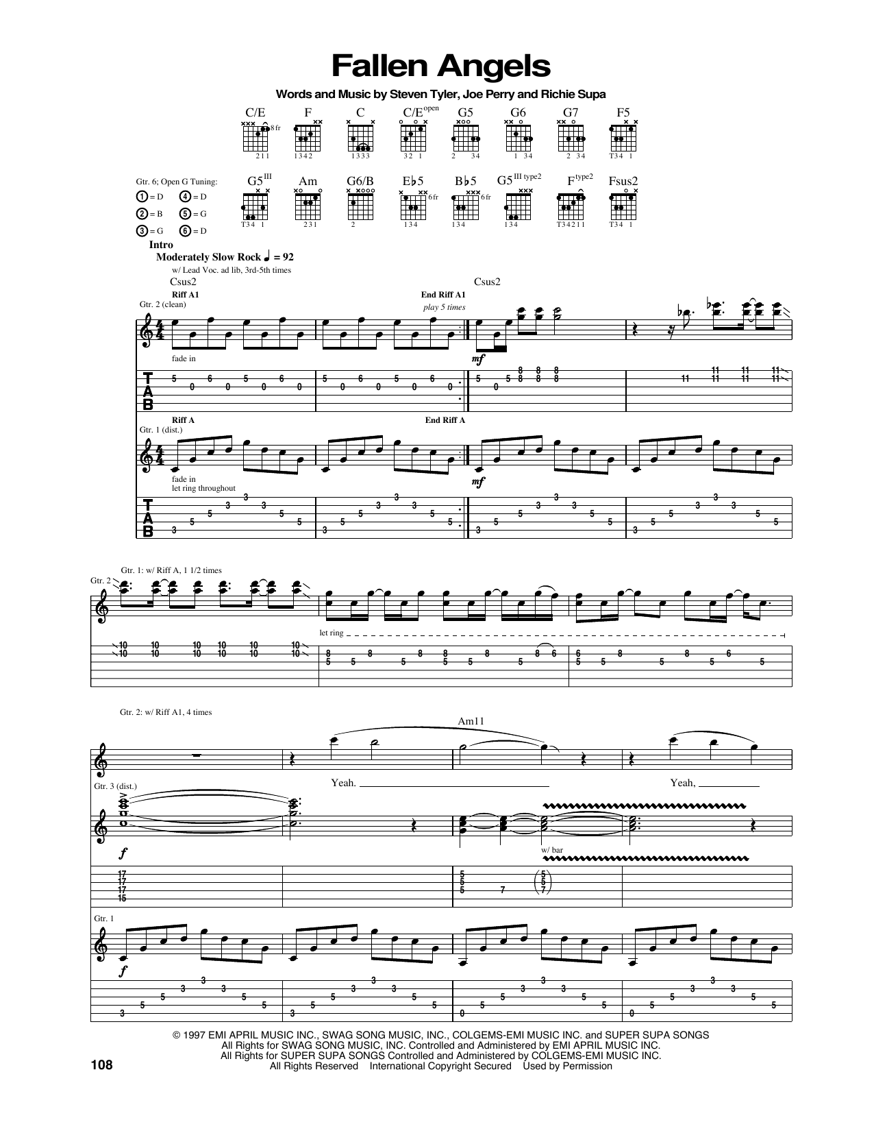 Aerosmith Fallen Angels sheet music notes and chords arranged for Guitar Tab