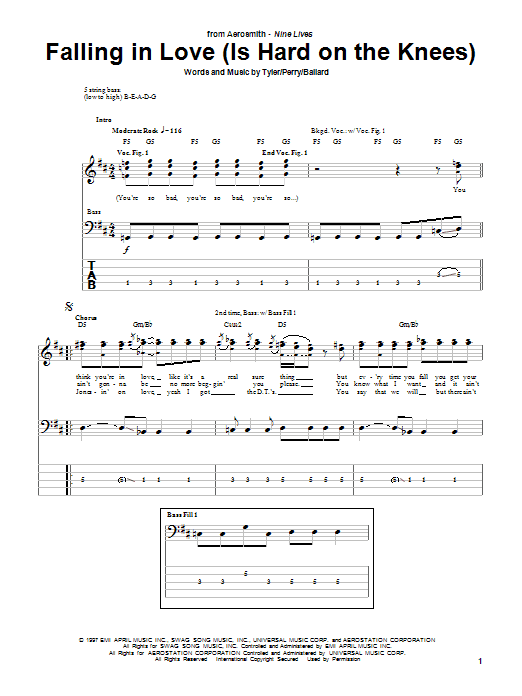 Aerosmith Falling In Love (Is Hard On The Knees) sheet music notes and chords arranged for Guitar Tab