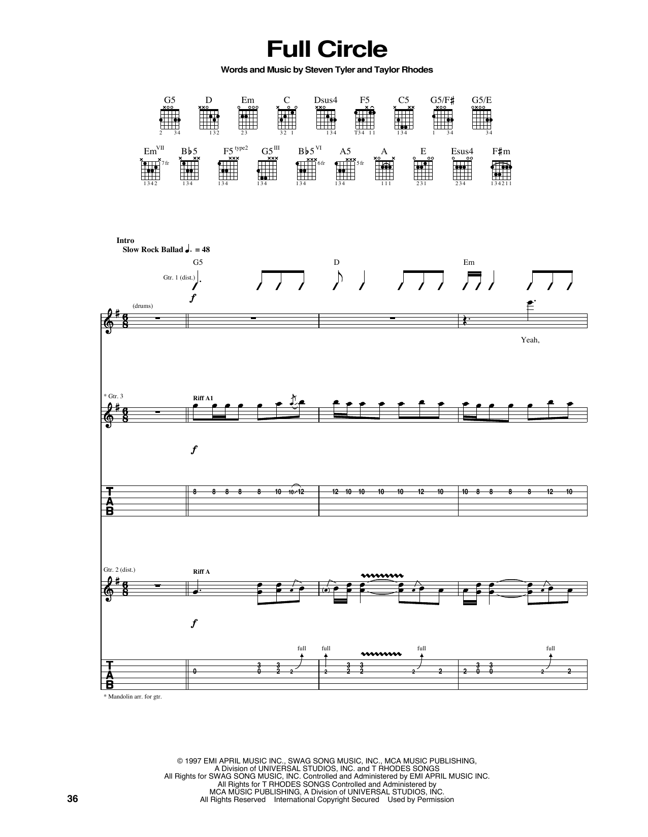 Aerosmith Full Circle sheet music notes and chords arranged for Guitar Tab