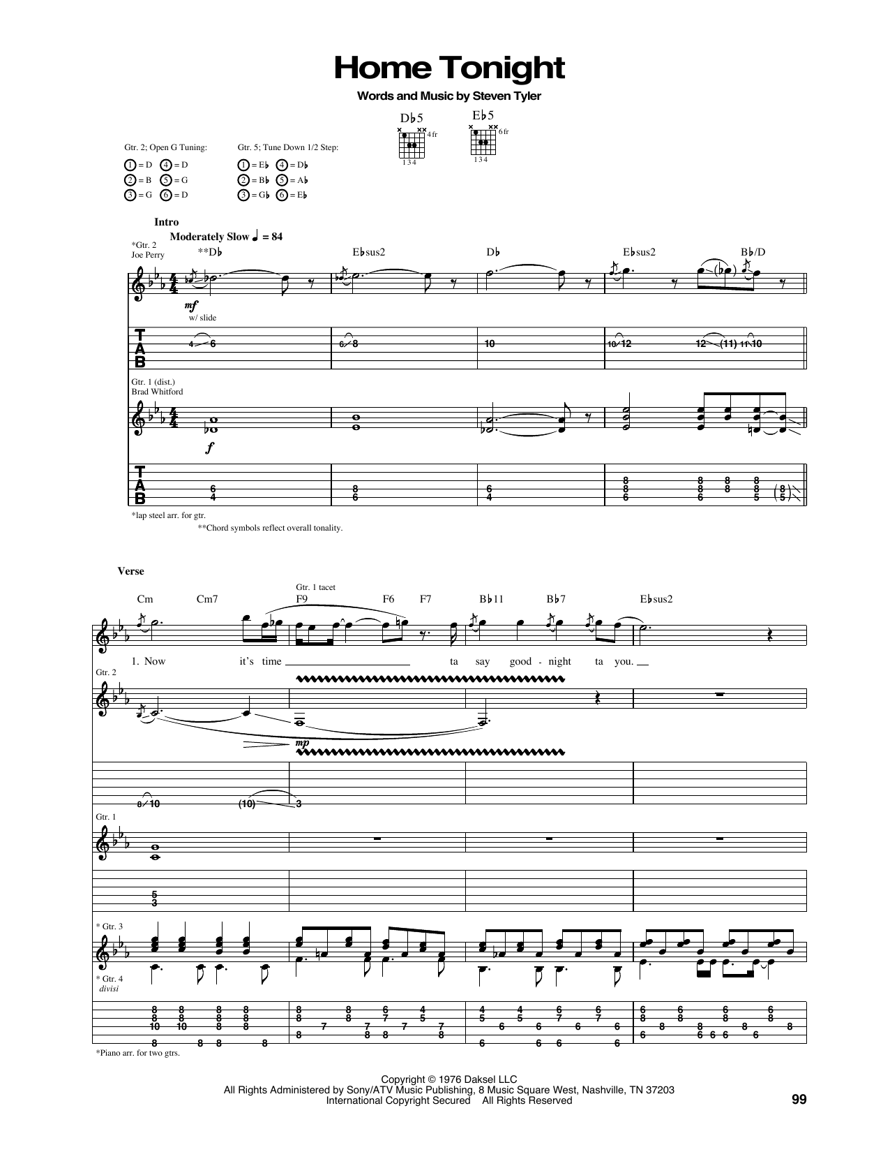 Aerosmith Home Tonight sheet music notes and chords arranged for Guitar Tab