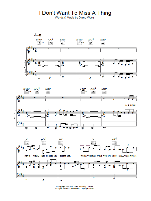 Aerosmith I Don't Want To Miss A Thing sheet music notes and chords arranged for Beginner Piano