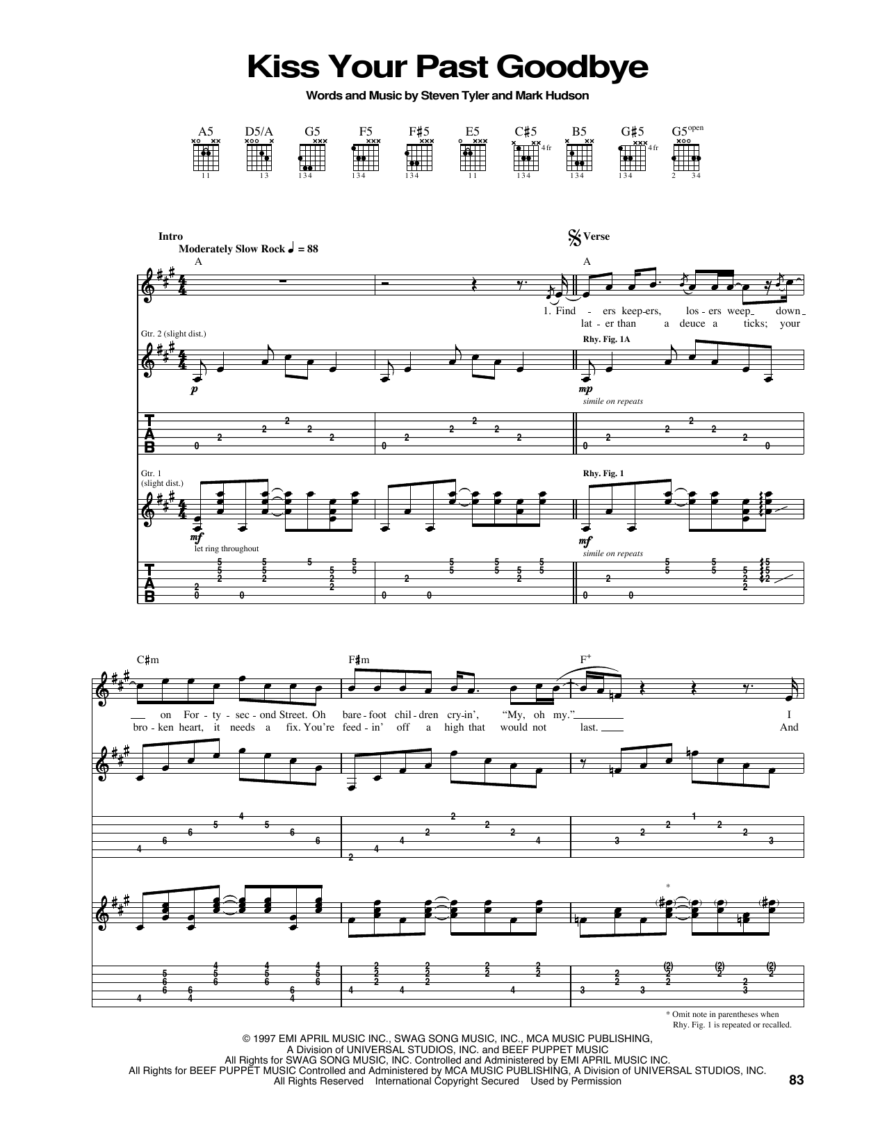 Aerosmith Kiss Your Past Goodbye sheet music notes and chords arranged for Guitar Tab