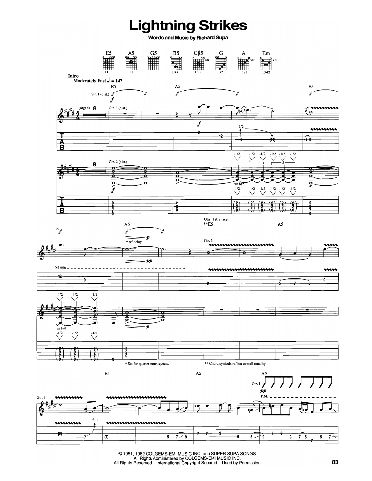 Aerosmith Lightning Strikes sheet music notes and chords arranged for Guitar Tab