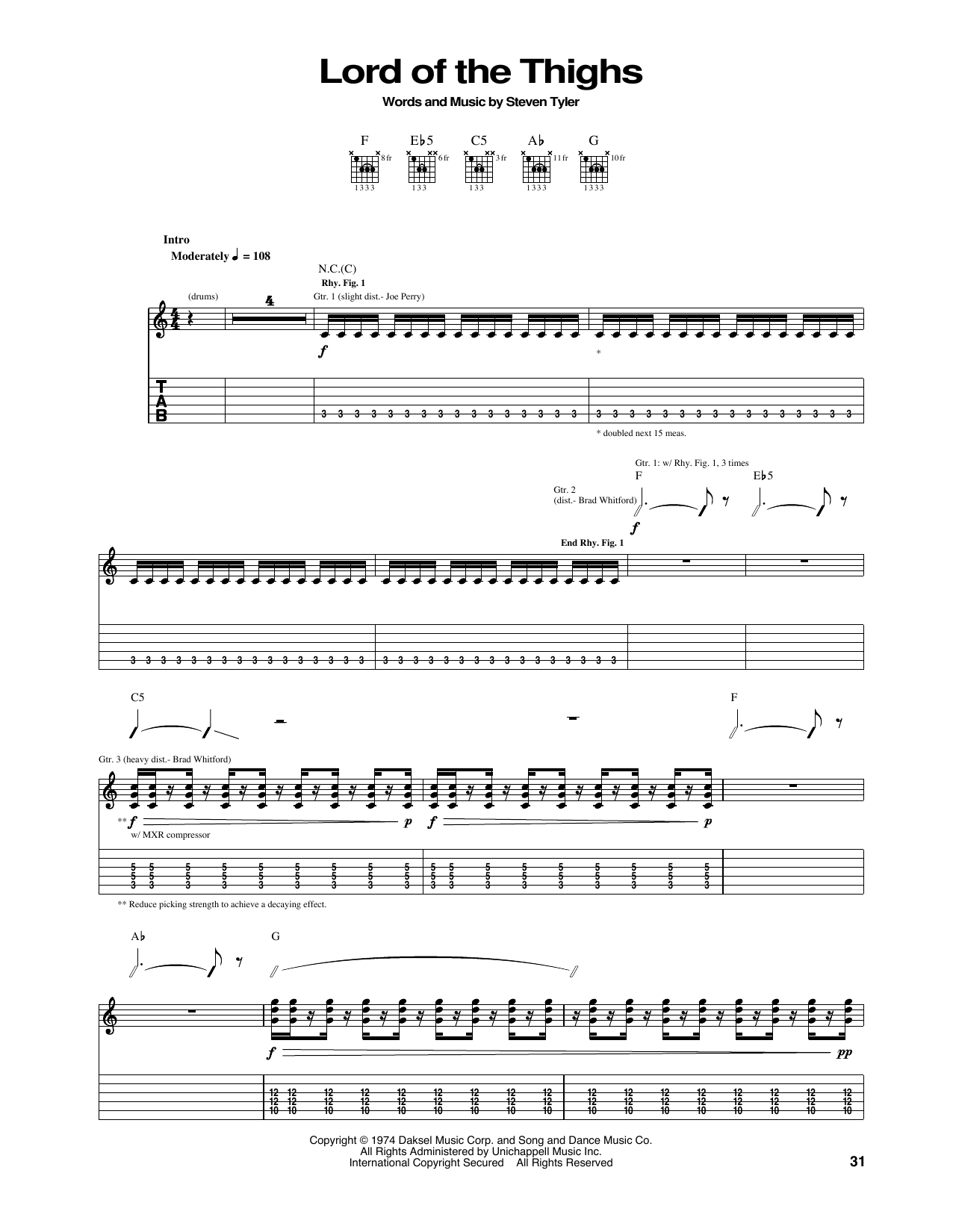 Aerosmith Lord Of The Thighs sheet music notes and chords arranged for Guitar Tab