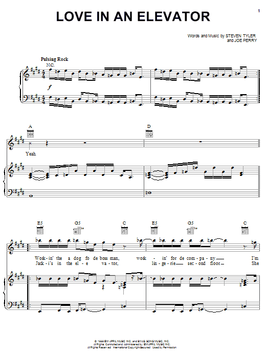Aerosmith Love In An Elevator sheet music notes and chords arranged for Piano, Vocal & Guitar Chords (Right-Hand Melody)